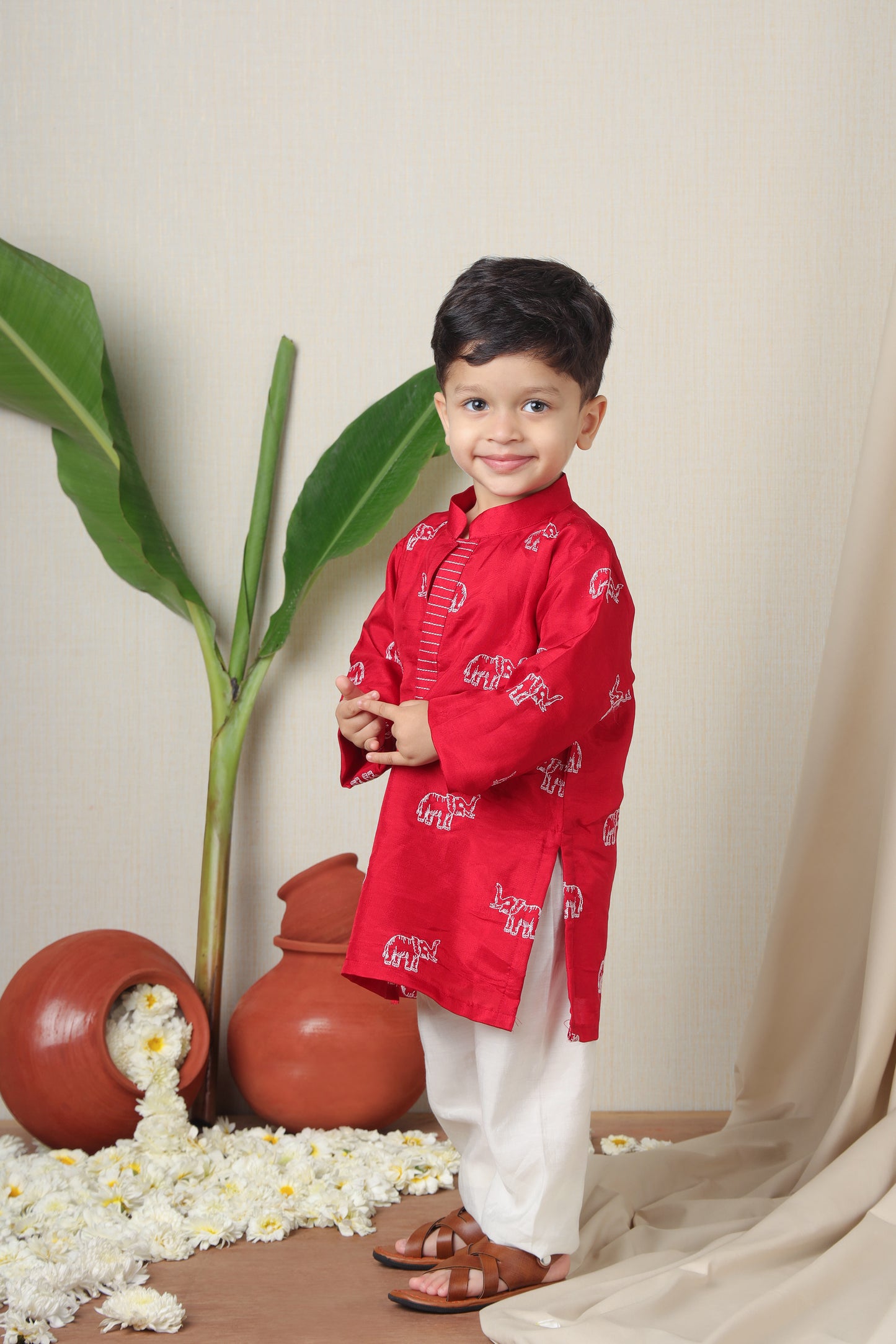 Red Elephant Embroidered Kurta And Pyjama (Ready To Ship)