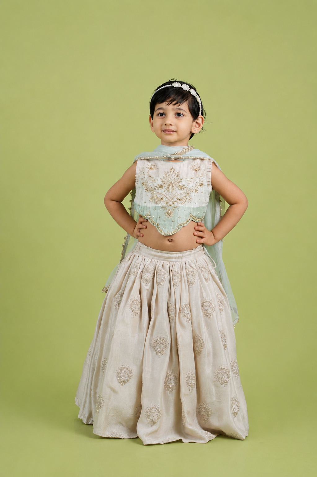 Off White Abla and Moti Hand Embroidered Lehenga Blouse Set