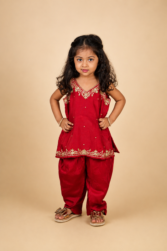 Red Hand Embroidered Kurti Dhoti Set