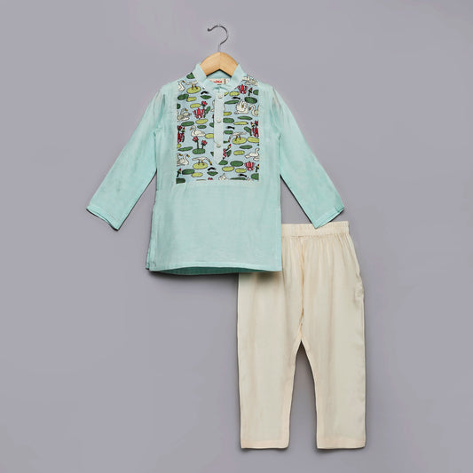 Multi-thread embroidered yoke baby blue kurta & pant set