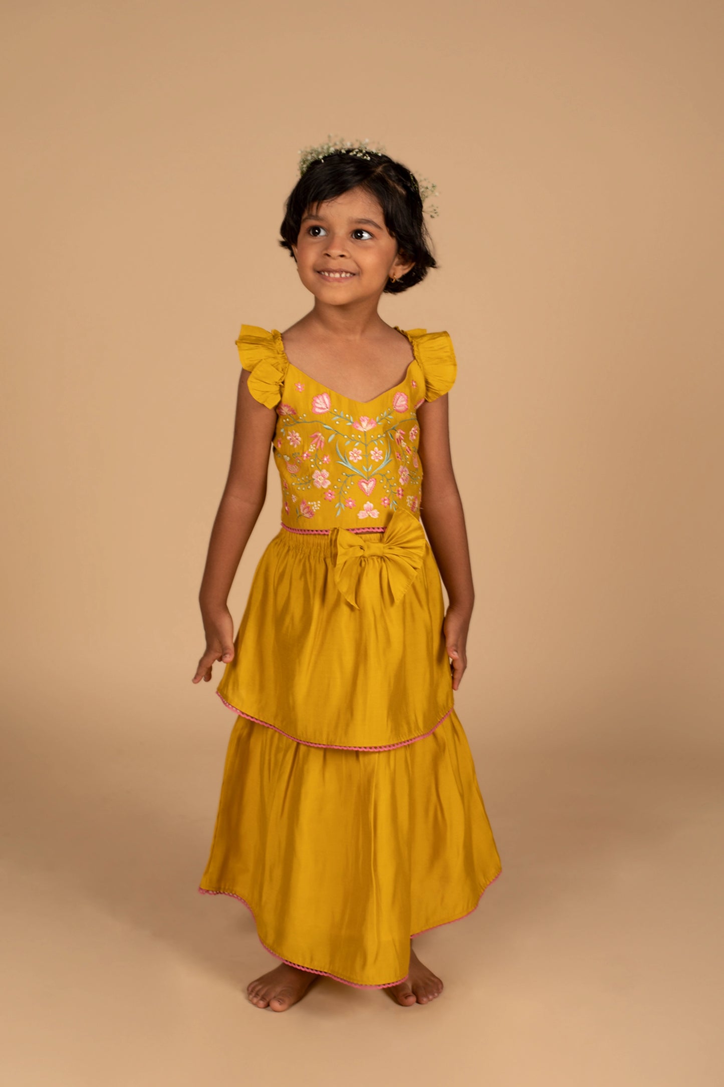 Poochkie musturd yellow lehenga for kids 