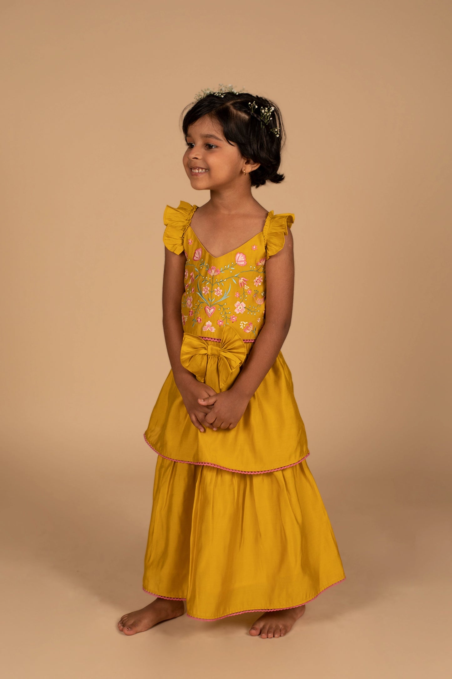 Poochkie musturd yellow lehenga for kids 