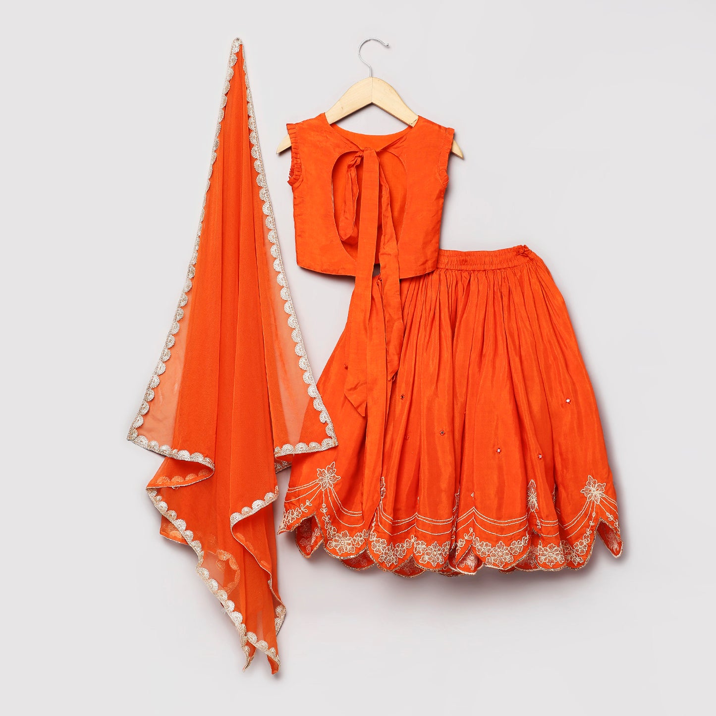 Orange Double Tie-up Embroidered Lehenga Choli