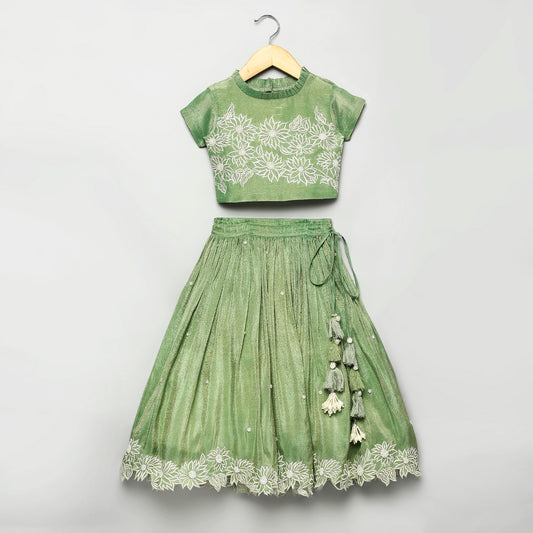 Green Floral Moti Embroidered Lehenga Set