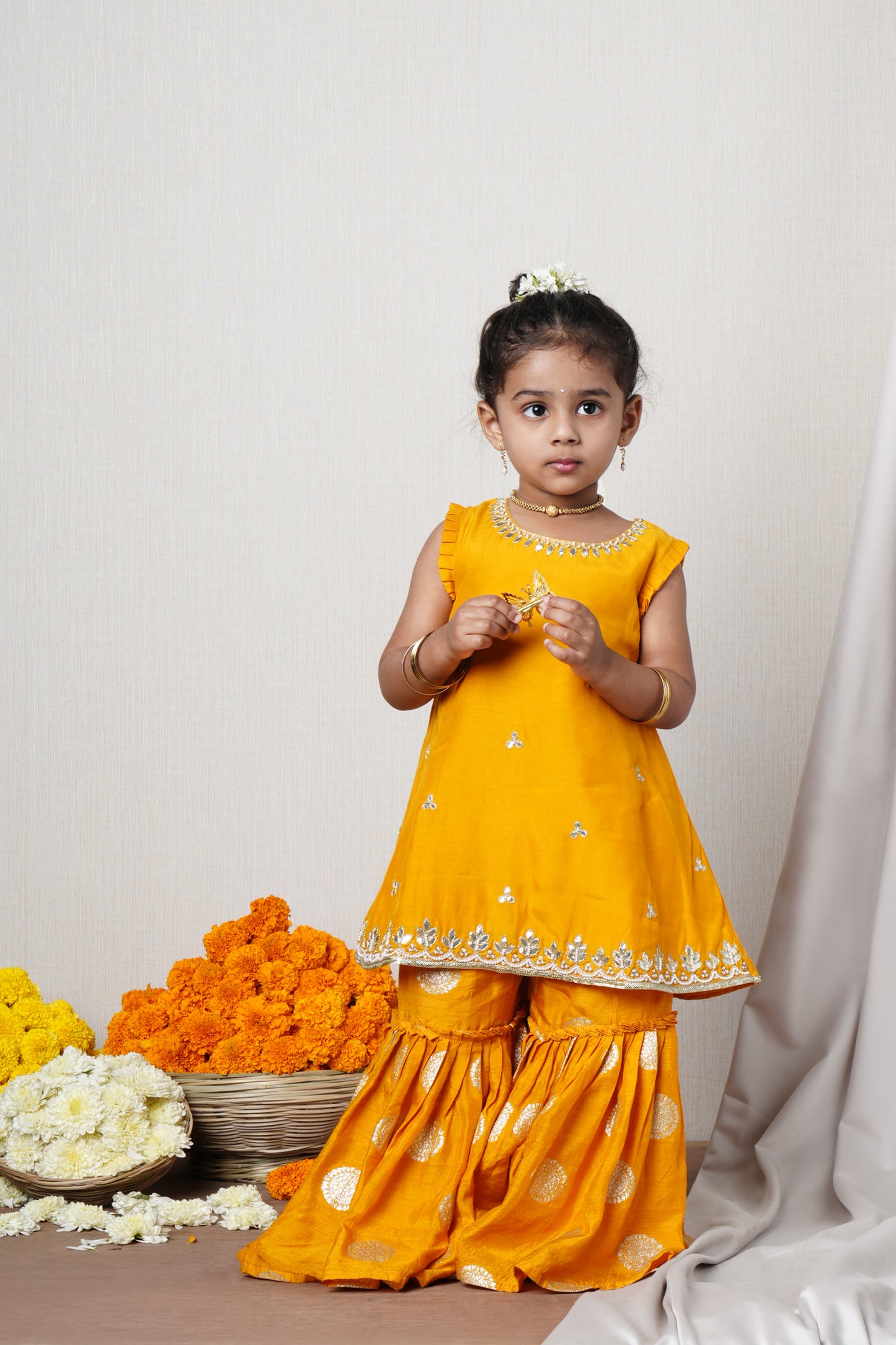 Kesari Mustard Hand Embroidered Kurti And Sharara