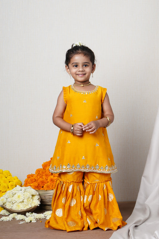 Kesari Mustard Hand Embroidered Kurti And Sharara