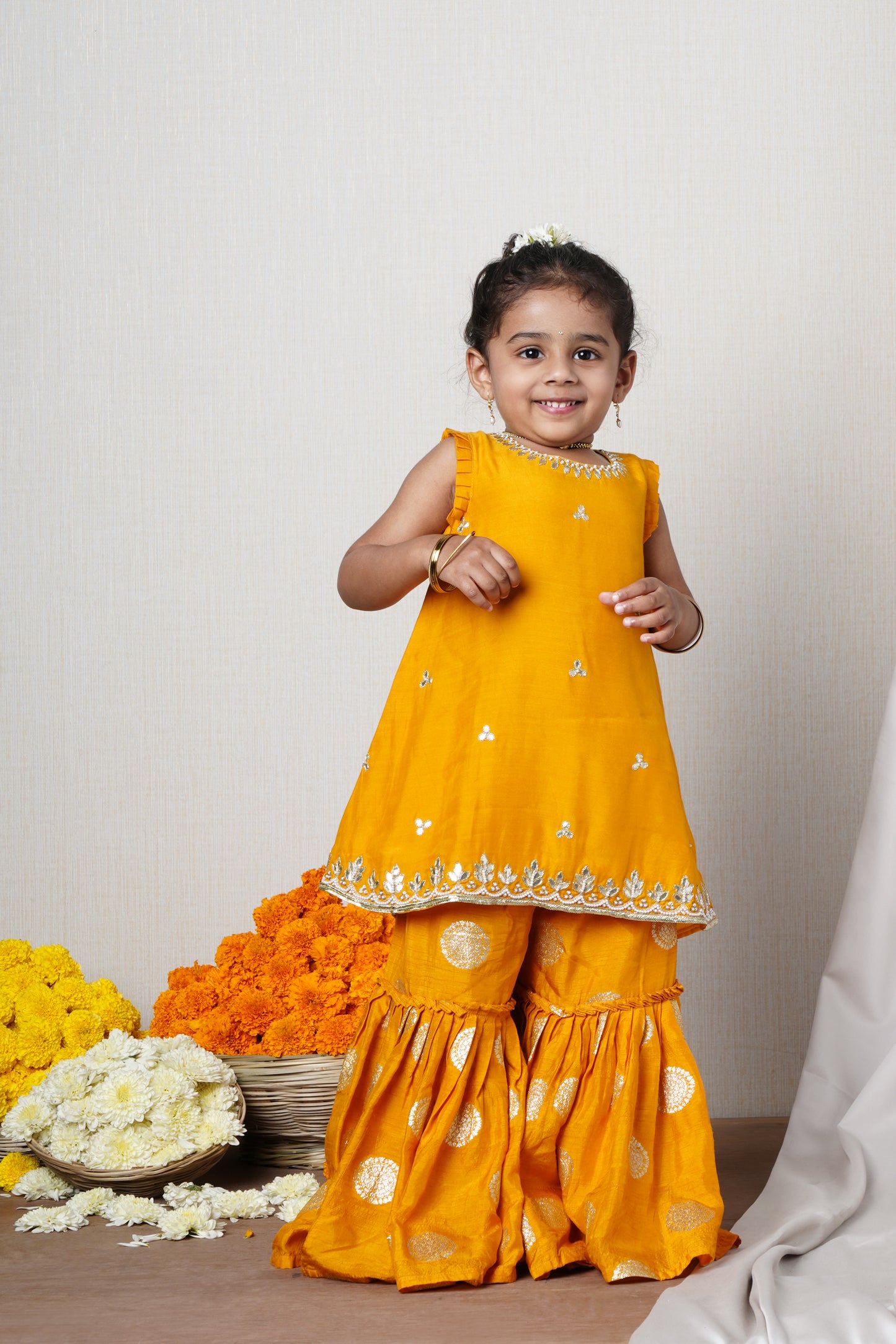 Kesari Mustard Hand Embroidered Kurti And Sharara