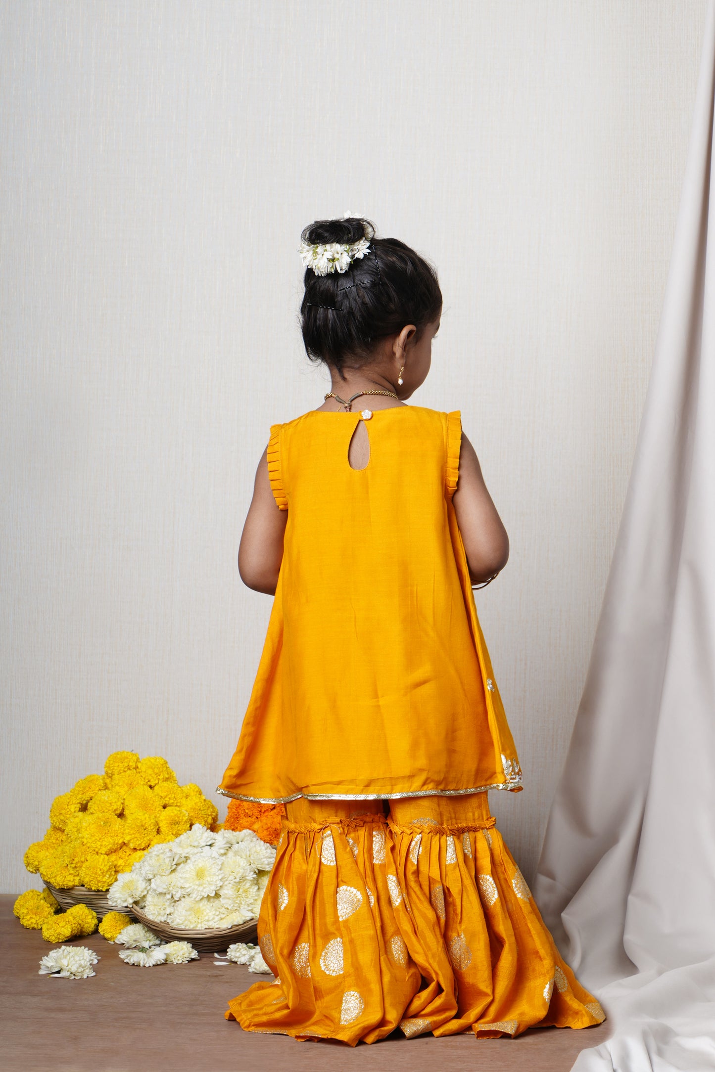 Kesari Mustard Hand Embroidered Kurti And Sharara