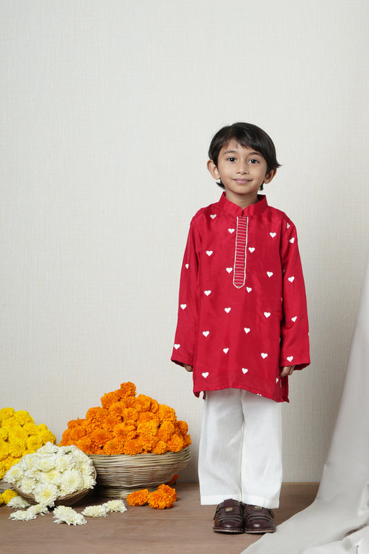 Red Heart Embroidered Kurta And Pyjama