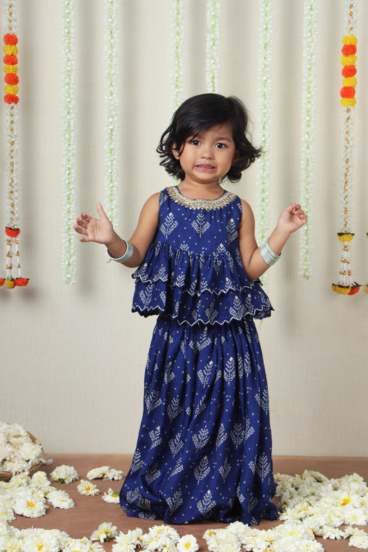 Blue Printed Embroidered Layered Top And Flared Palazzo