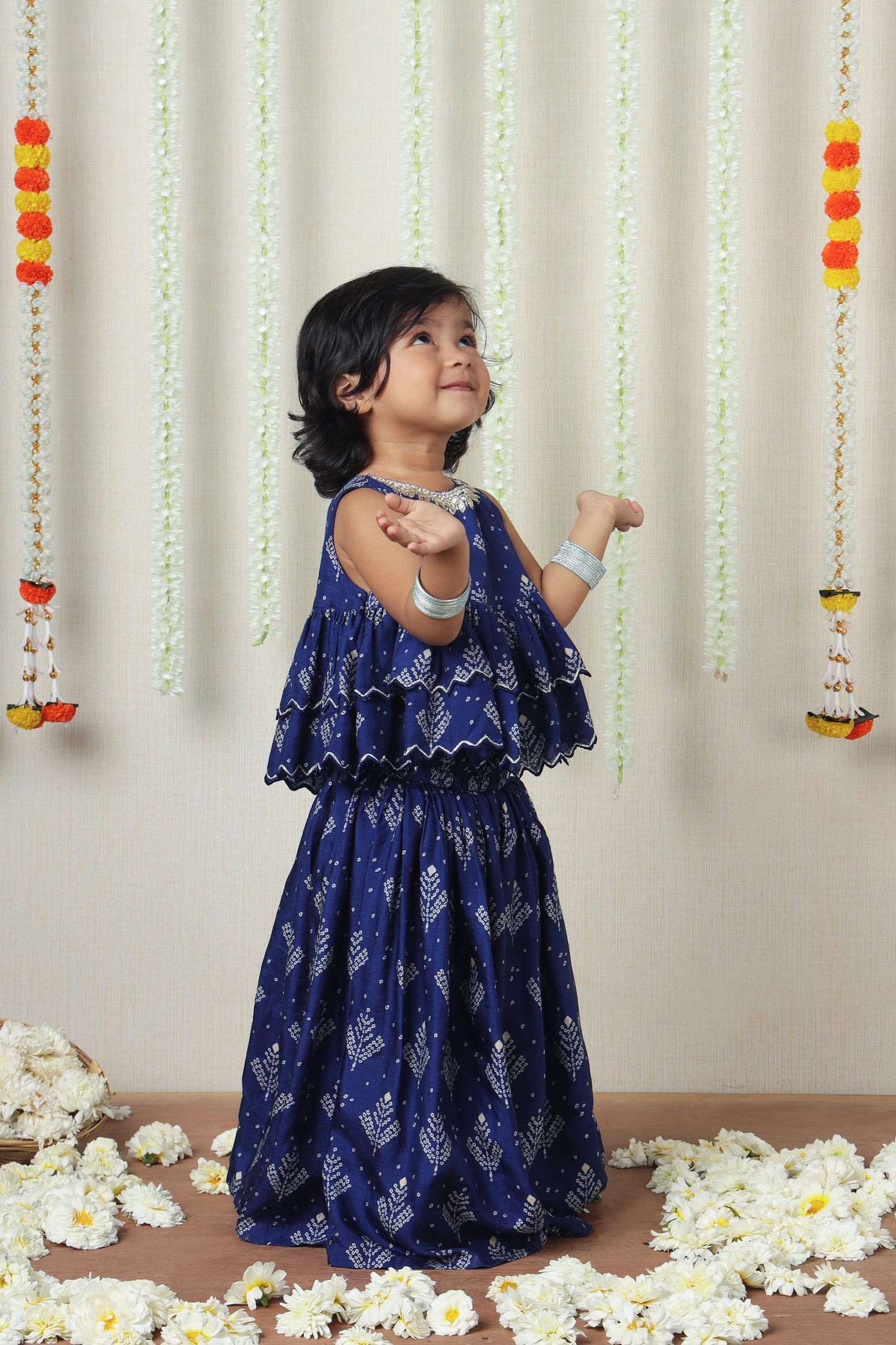 Blue Printed Embroidered Layered Top And Flared Palazzo