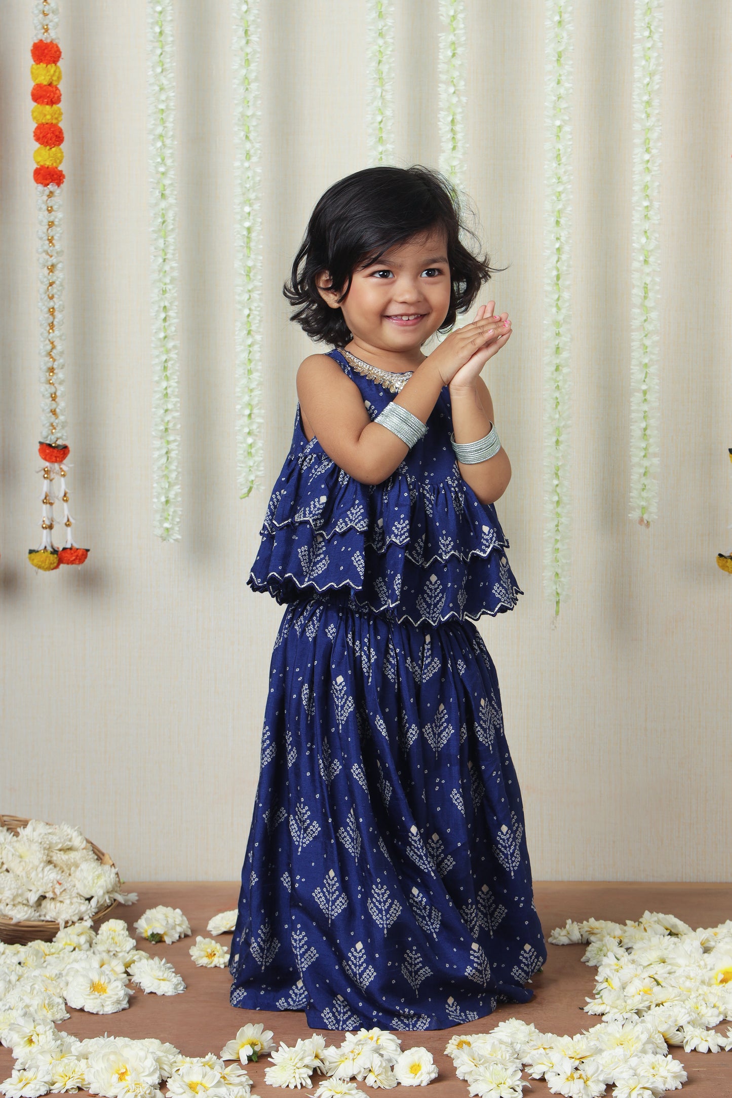 Blue Printed Embroidered Layered Top And Flared Palazzo