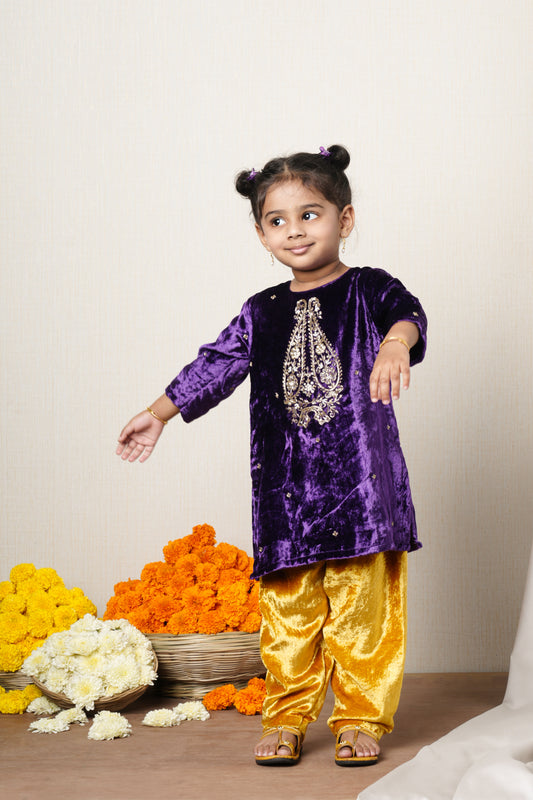 Mahira Purple Velvet Zardozi Kurti Set
