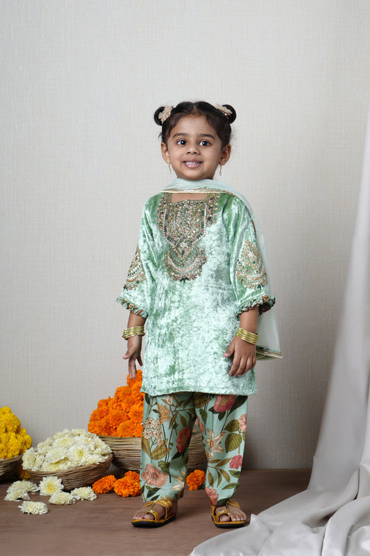 Daneen Mint Green Velvet Kurta