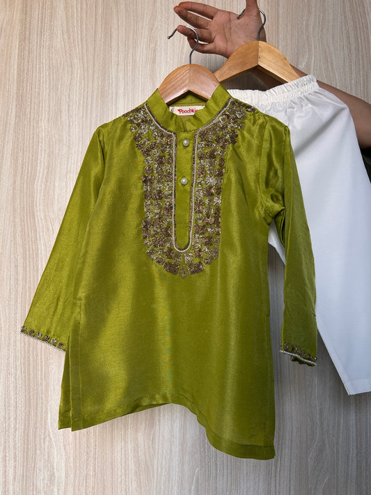 Olive Green Hand Embroidered Kurta Pant Set