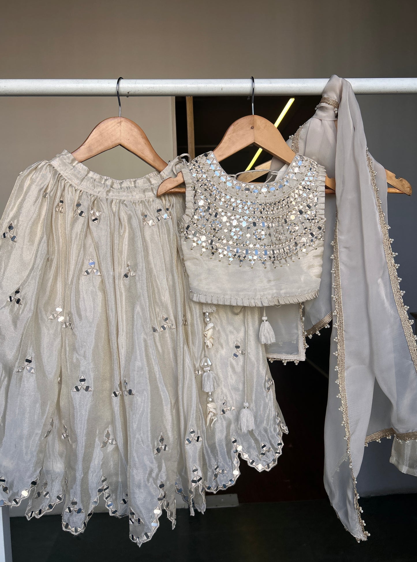 Off-White Zari Tissue Abla Moti Work Lehenga Blouse Dupatta Set