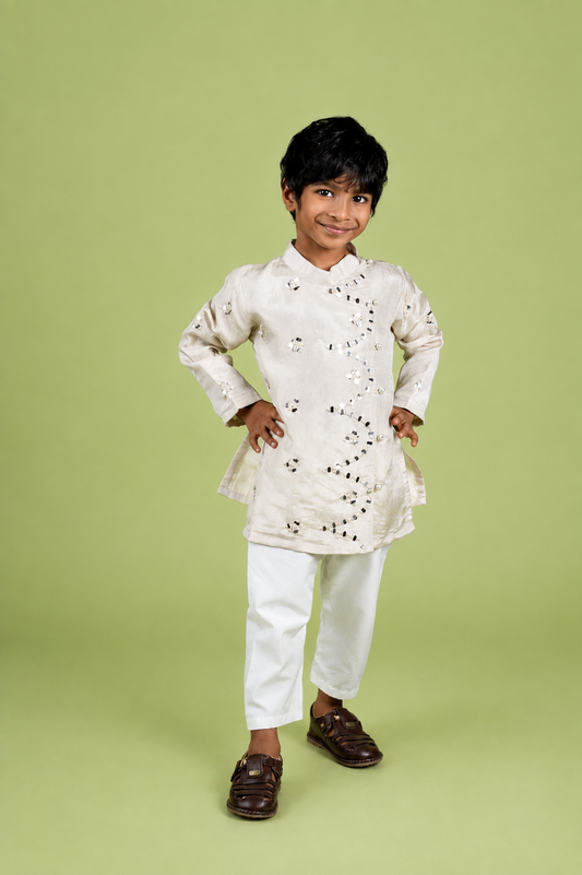 Ivory Silk Tissue Abla Moti Work Kurta Set
