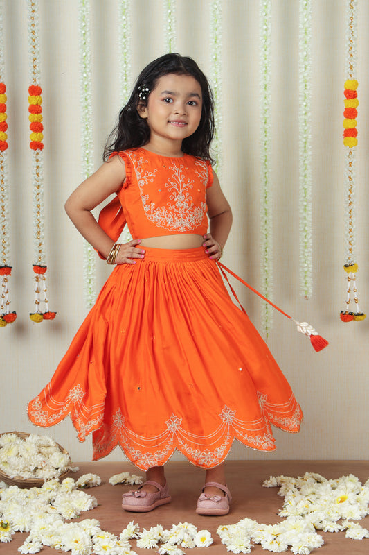 Orange Double Tie-up Embroidered Lehenga Choli