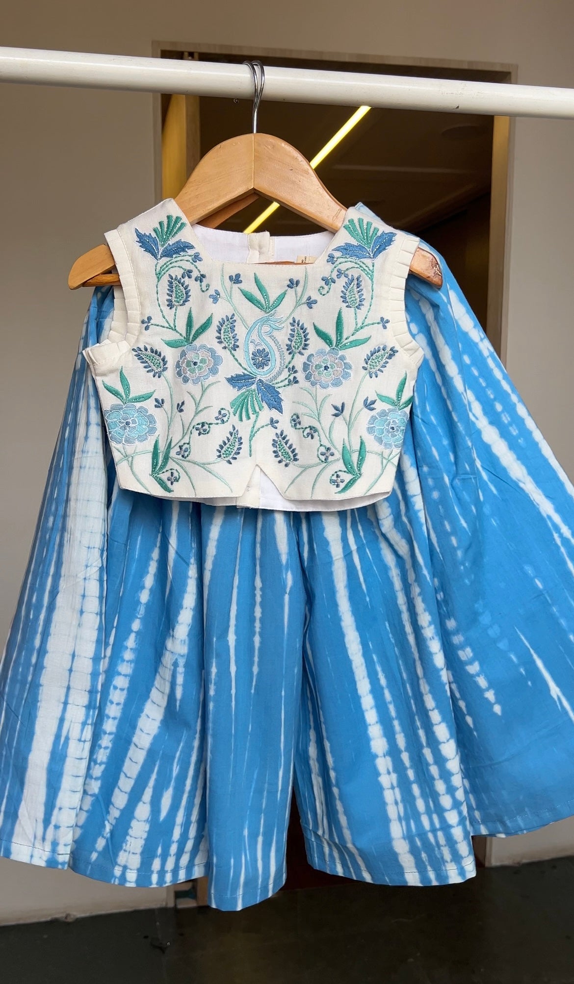 Blue Shibori Cotton Thread Work Palazzo Blouse Set.